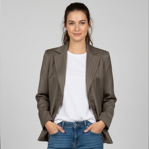 B.Moss fitted lined tan structured pinstripe blazer size 10 - Picture 1 of 10